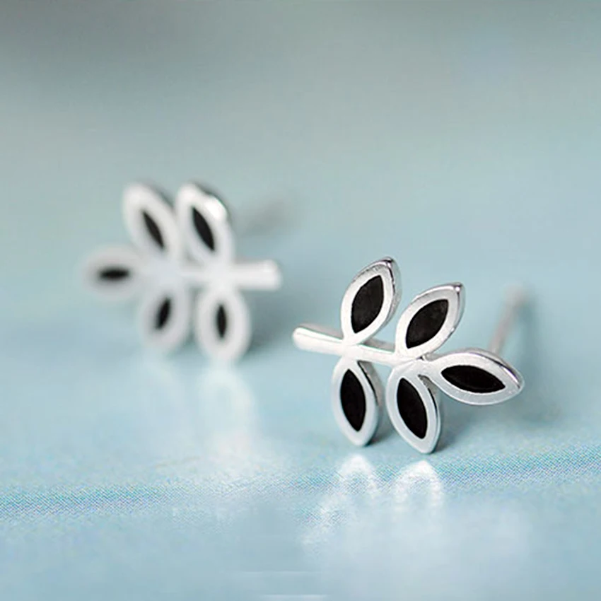 Kinitial 1Pair Trendy Jewelry 2017 Simple 925 Silver Fashion Small Black Leaves Stud Earrings For Women Femme Brincos Bijoux | Украшения и