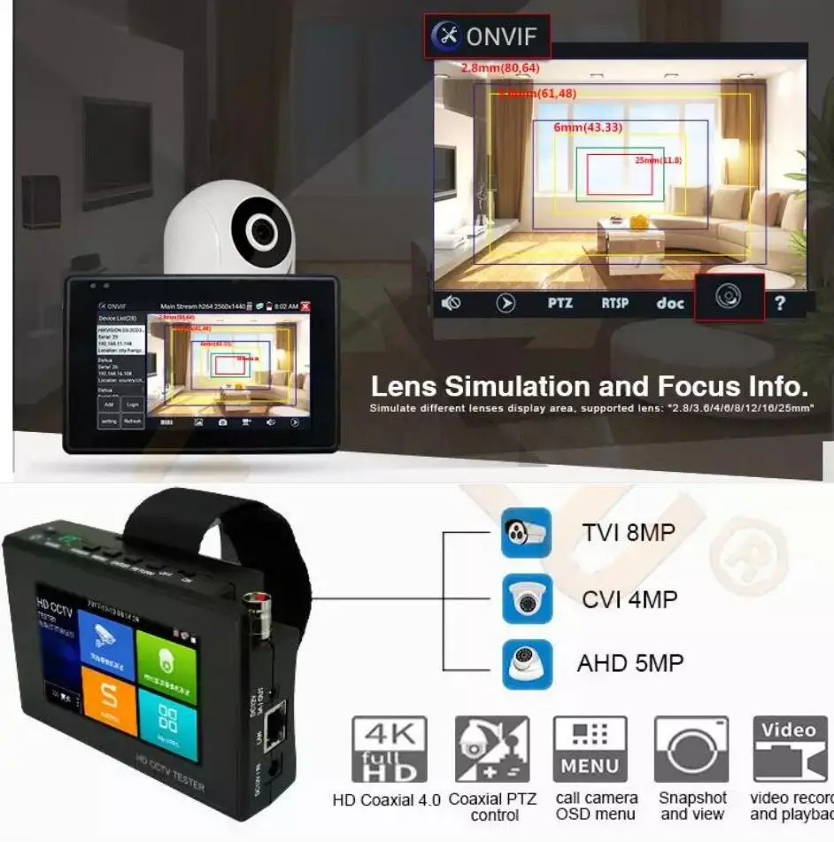 Портативный монитор с ремешком на запястье для камеры AHD CVI TVI / тестер IP