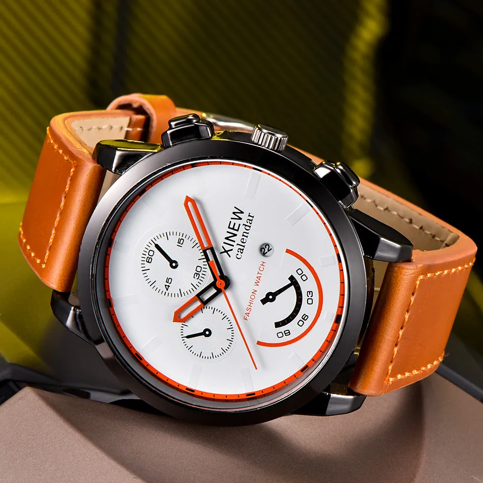 Мужские классические кварцевые часы XINEW спортивные водонепроницаемые с кожаным