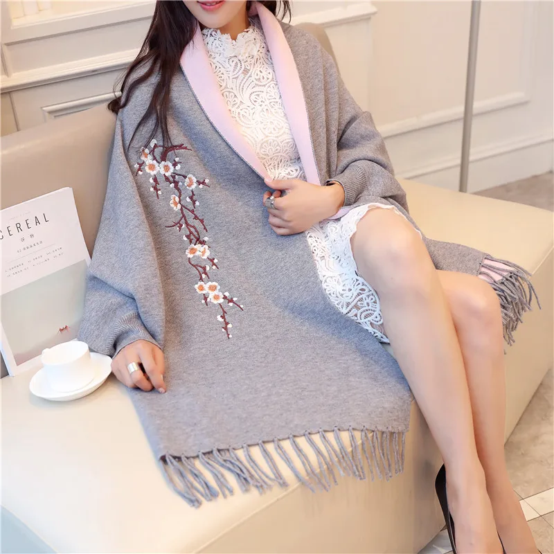 Женский вязаный свитер с бахромой элегантный цветочной вышивкой весна осень 2018| |