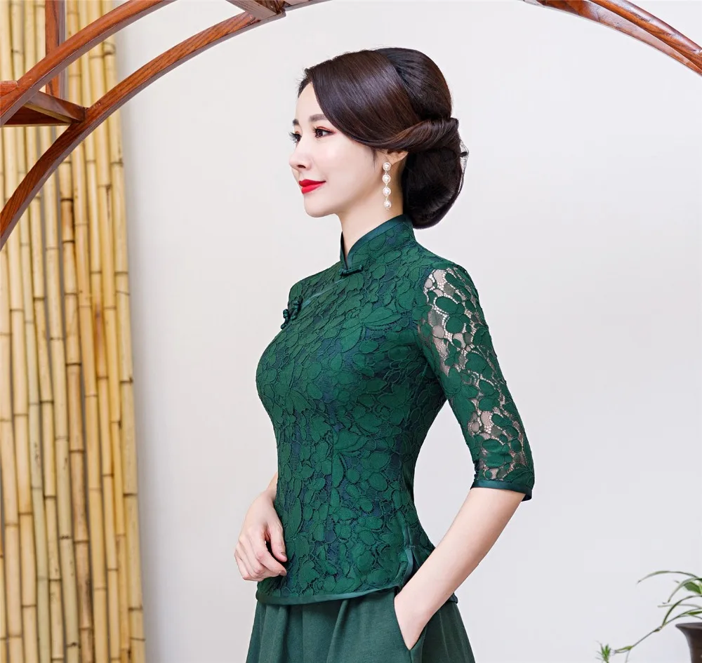Шанхай история 3/4 рукав китайский традиционный Топ кружево Cheongsam рубашка Qipao Топ кружево китайская блузка для женщин