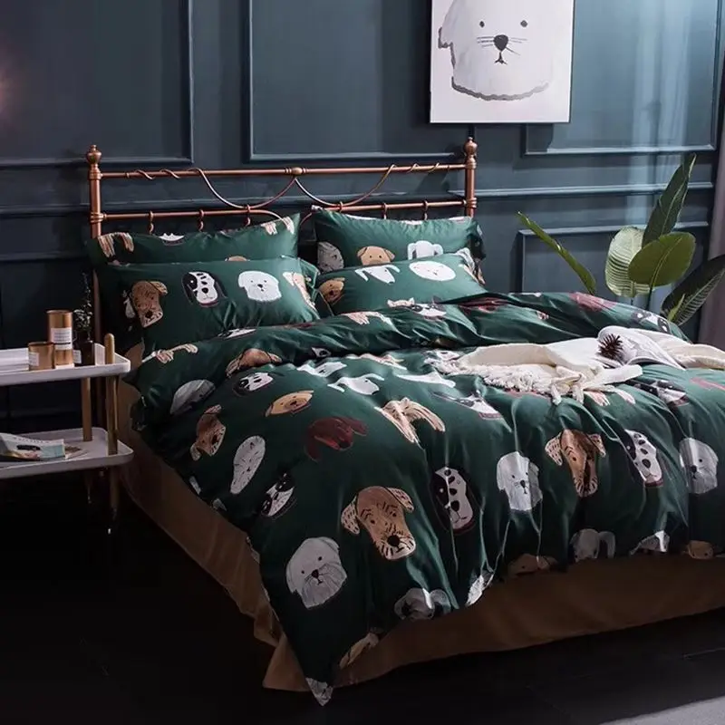 

4Pcs 100% Cotton Queen King size Lovely Cartoon Bedding set Animal Duvet Cover Set Bed sheet Pillowcase green white cattle cat