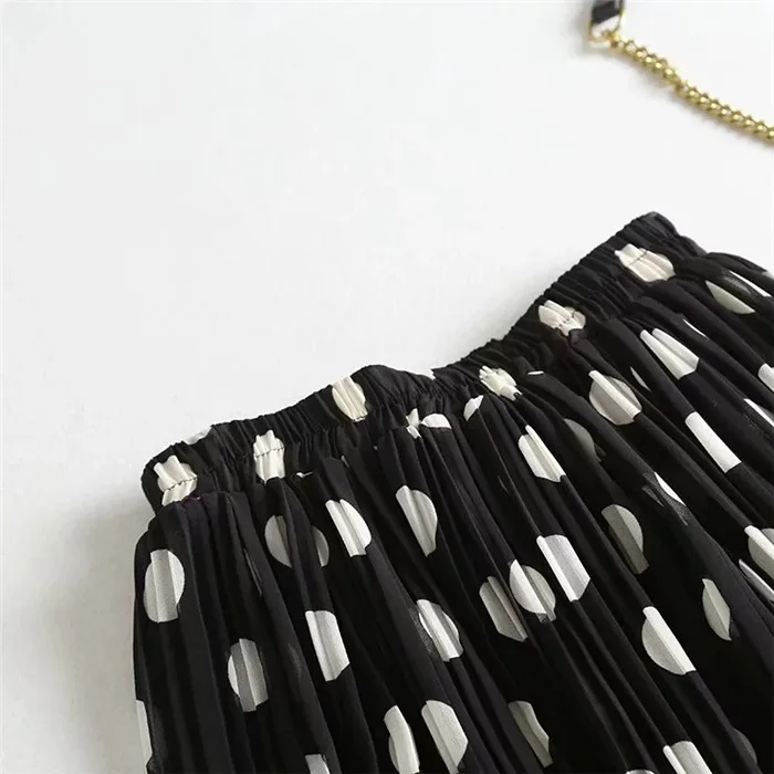 Women Summer Polka Print Chiffon Long Skirt Female European Style Pleated Elastic High Waist Skirts For Sweet Girl Skirt