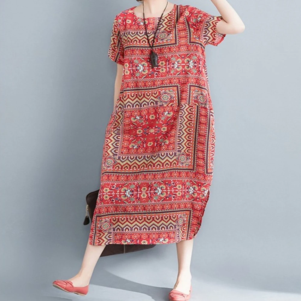 Новинка 2019 летнее хлопковое льняное платье в этническом стиле с коротким рукавом
