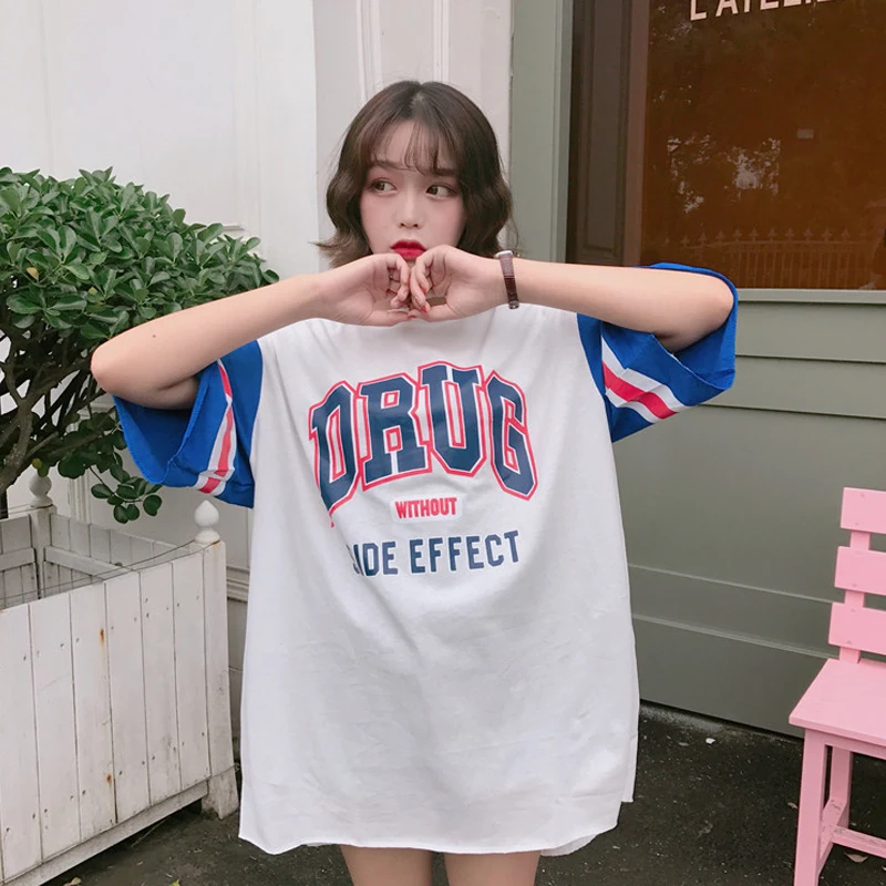 Harajuku Джерси Большой размер bf длинная бейсбольная форма с коротким рукавом женская летняя свободная Корейская версия прилива платье