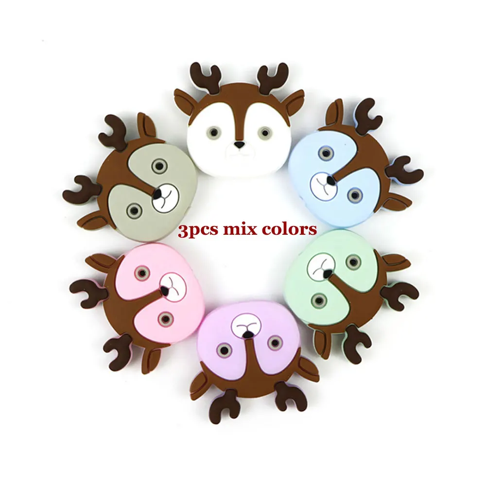 3pcs deer mix color 3 шт силиконовые бусины в виде панды и лисы, силиконовые бусины для прорезывания зубов, 3 см, силиконовые шарики в виде животных, пчелы, оленя, перлы, Товары для малышей - Цвет: 3pcs deer mix color