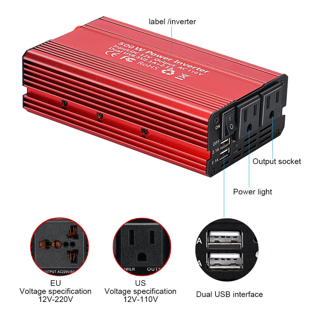 SUNYIMA 500 Вт Инвертор DC12V к AC110V/220 В двойной USB быстрая зарядка EU/US разъем для