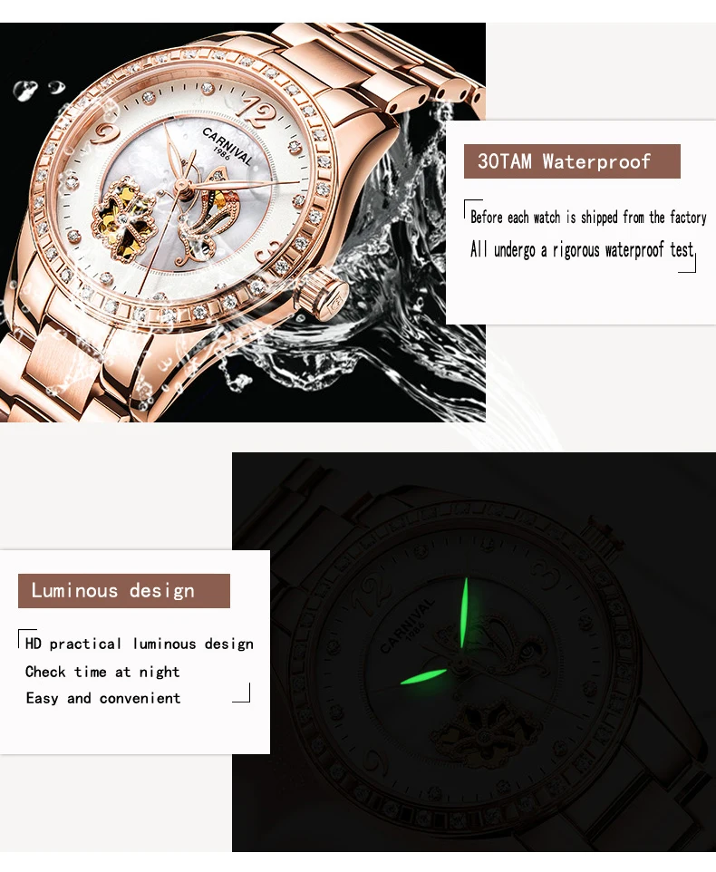 Carnival Mechanical Watch Women Ceramic Clock Butterfly Design Women's Watches Top Brand Luxury Women Sapphire Crystal Female