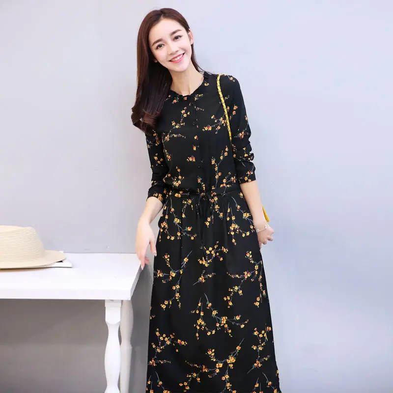 Женское шифоновое платье Vestidos осенне-зимнее с длинным рукавом и цветочным