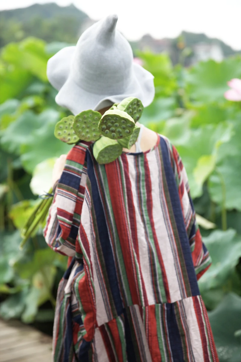 Linenall.com оригинальный дизайн вертикальные линии цвет хлопчатобумажное платье