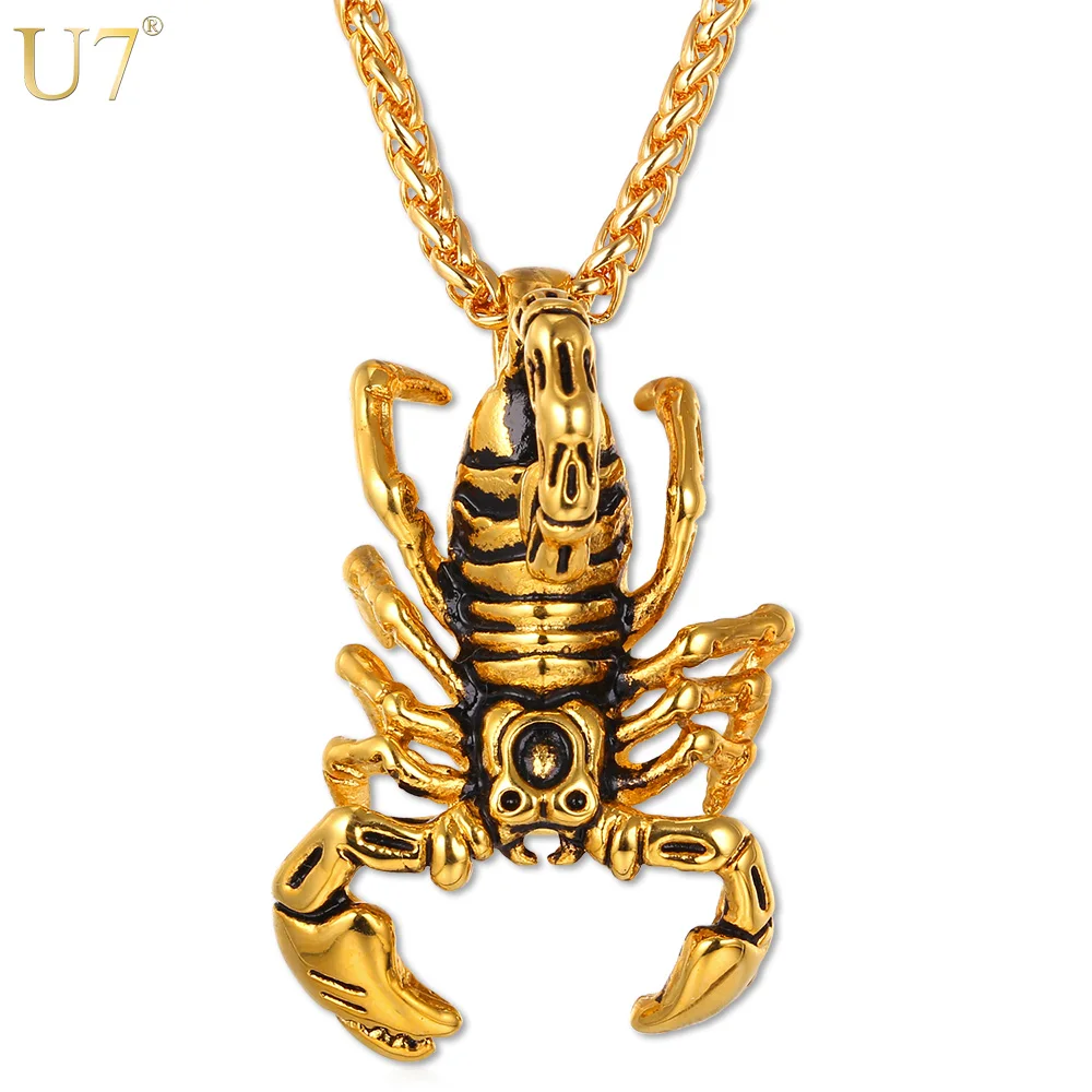 

U7 Scorpion Statement Necklace & Pendant Gold/Black Color Stainless Steel Vintage American Style Steampunk Men Chain Jewelry P75