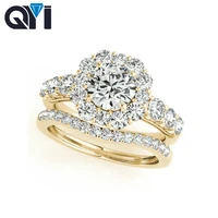 qyi 14k yellow gold halo ring sets 1 ct round moissanite diamond jewelry single row engagement wedding rings for women