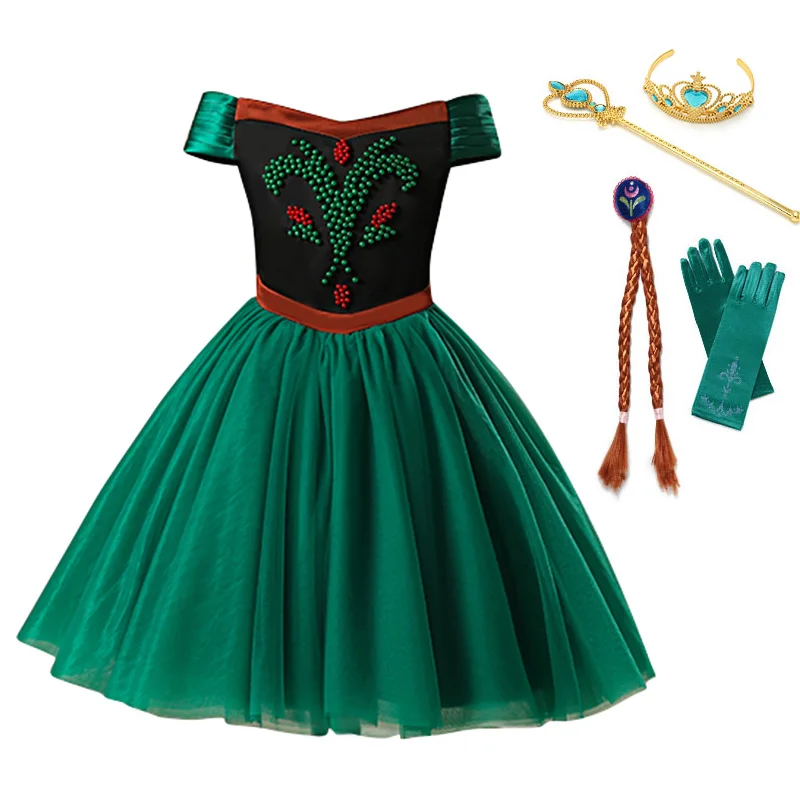 Short Dress Set2 Платье принцессы Анны для девочек; детский маскарадный костюм Анны и Эльзы без рукавов с бисером; нарядное платье на Хэллоуин и День рождения; одежда - Цвет: Short Dress Set2