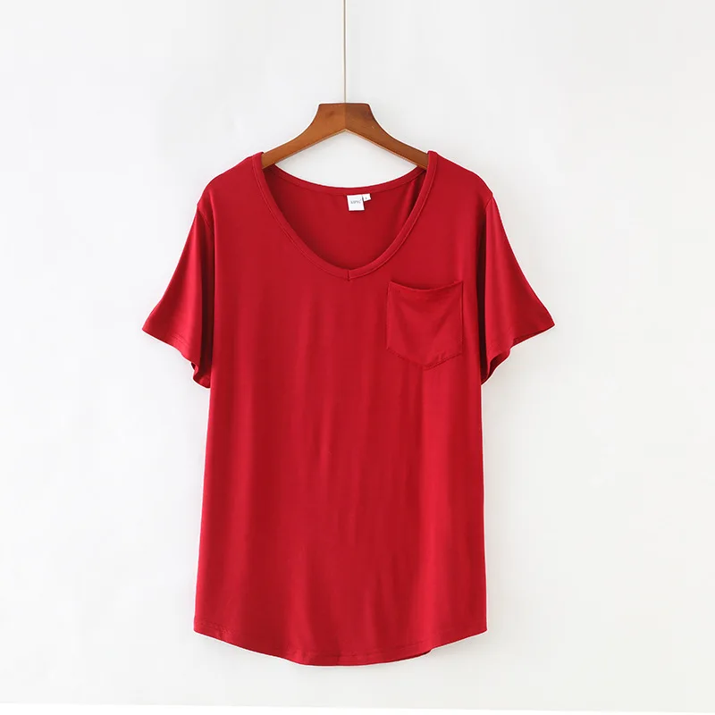New Women's Pocket T-shirt Summer Plus Size Tee Basic Shirts Women Solid V Neck Short Sleeve Long Casual Loose Female Tops Femme | Женская