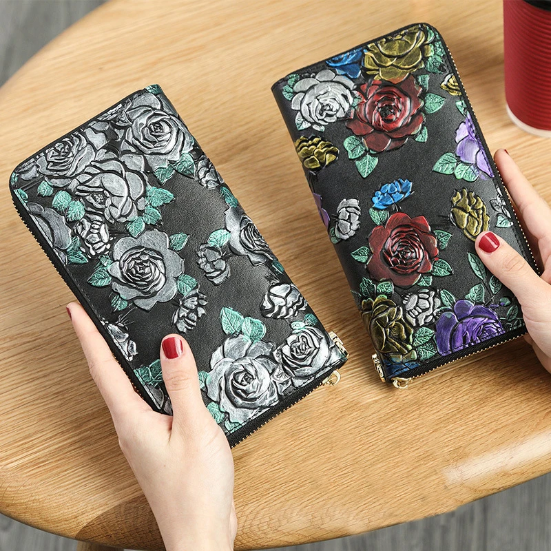 Женский кошелек из натуральной кожи с объемными розами роскошные дизайнерские