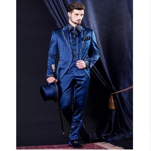 

Latest Coat Pant Design Italian Royal Blue Embroidery Satin Men Suit Slim Fit Tuxedo 3 Piece Blazers Custom Groom Suit Masculino