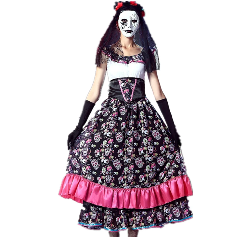 День мертвых испанских Леди Костюм призрак невесты Череп печати платье Weid