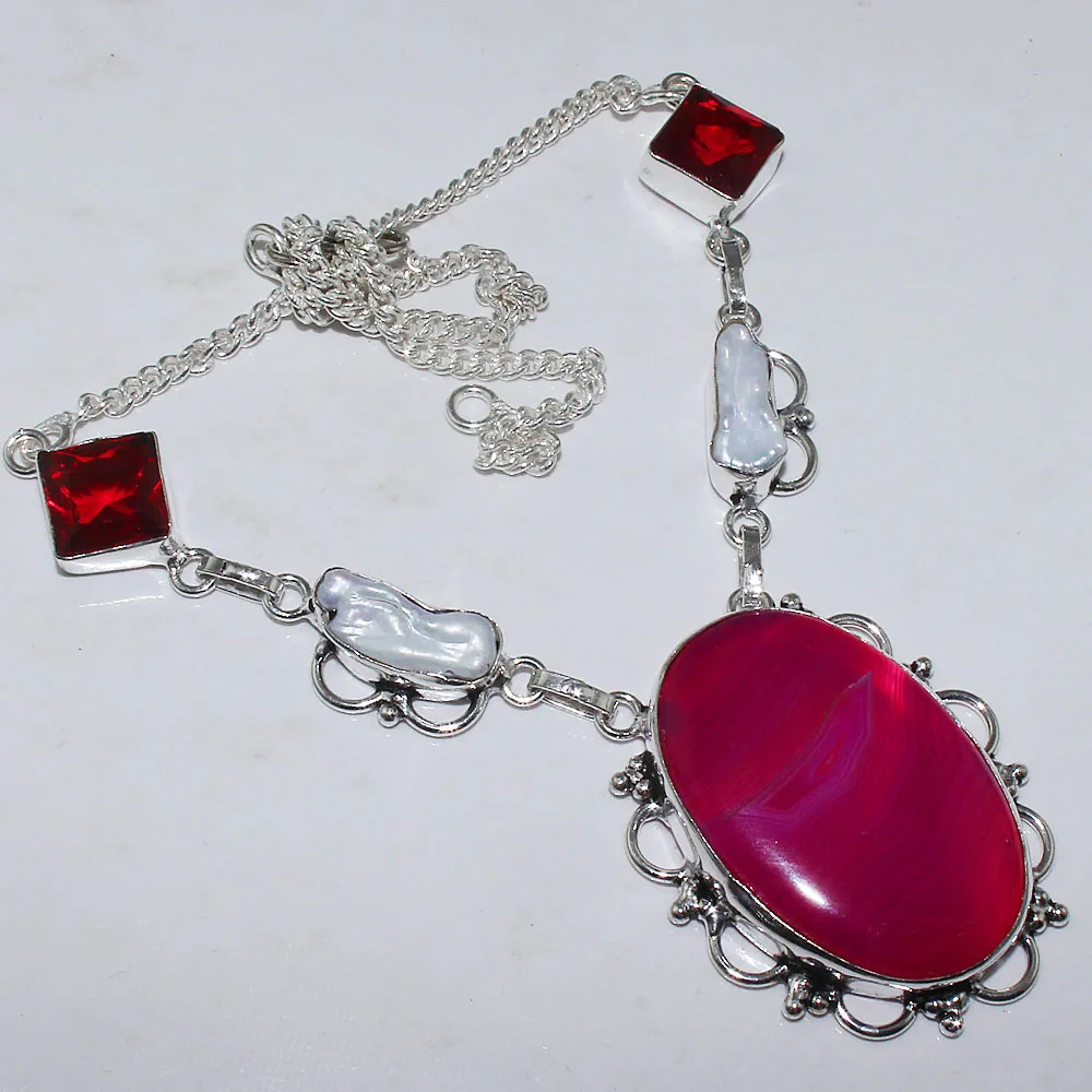 

Botswana Agates & Garnet & Biwa Pearls Necklace Silver Overlay over Copper , 43.5 cm, N0960