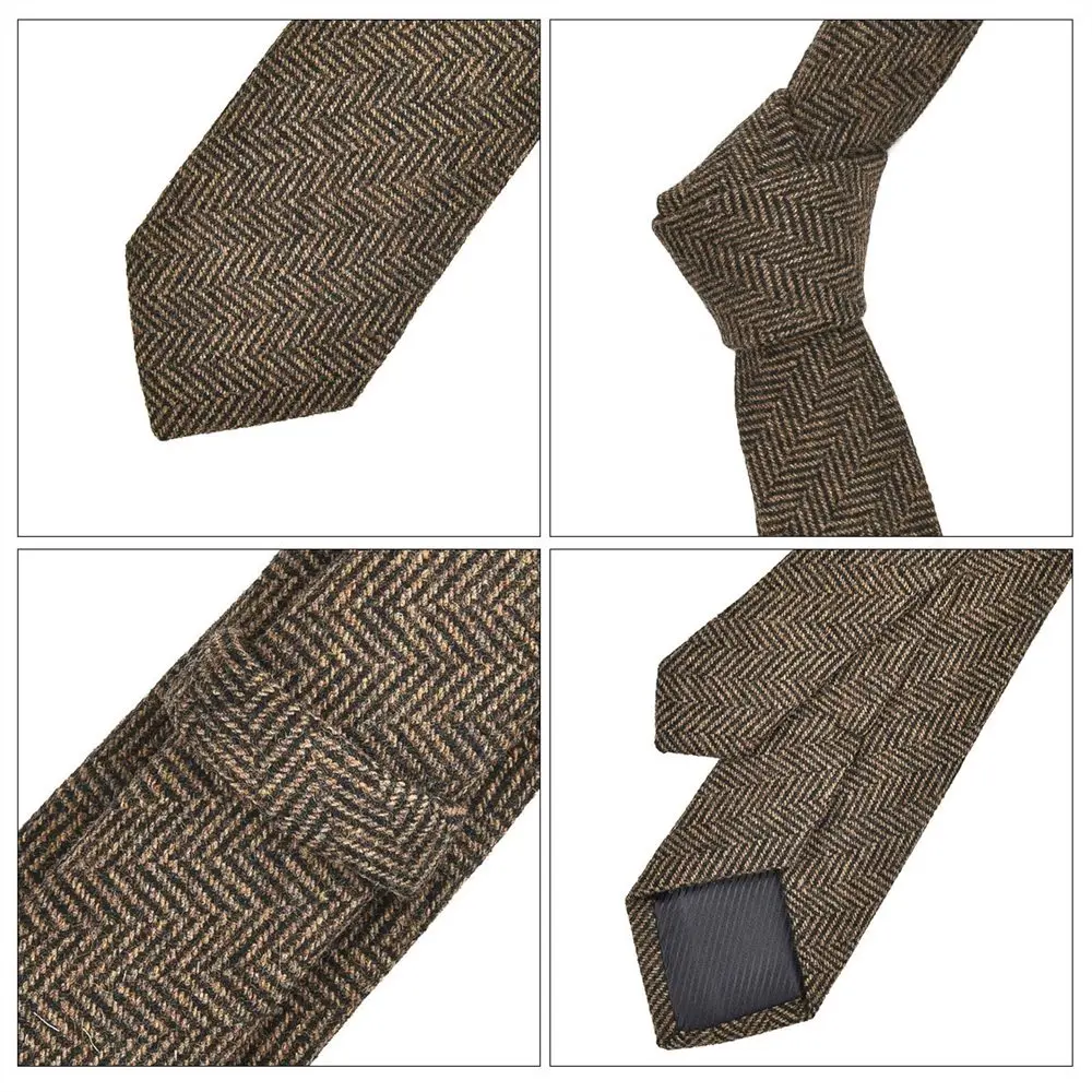 VOBOOM Khaki Classic Herringbone Wool Neck Ties For Men Autumn Winter Party Wedding Business Office Skinny Tie Groomsmen Gift 06