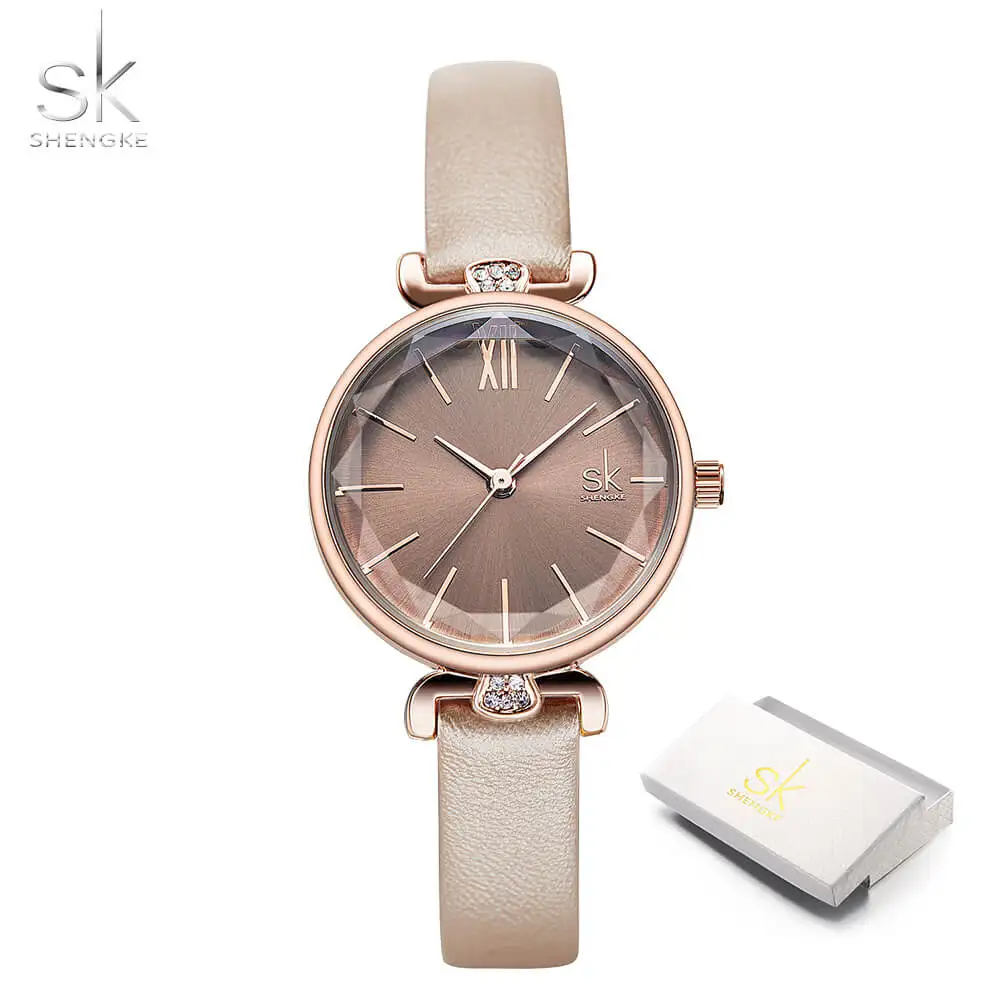 shengke Classic Casual Analog Watches Women Japanese Quartz Wristwatches Relogio Feminino Ladies Thin Leather Watch Montre Femme - Цвет: Champagne with box