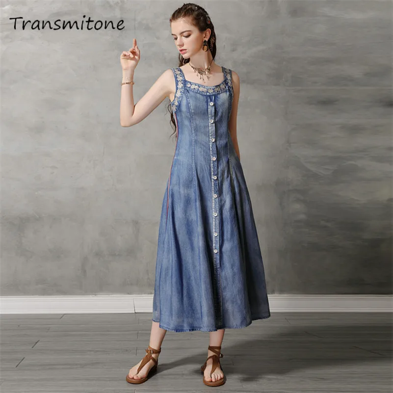 

Summer Embroidery Dress 2019 Vintage Women Denim Dresses Square Collar Sleeveless Single Breasted Dress Female Vestidos KE82172