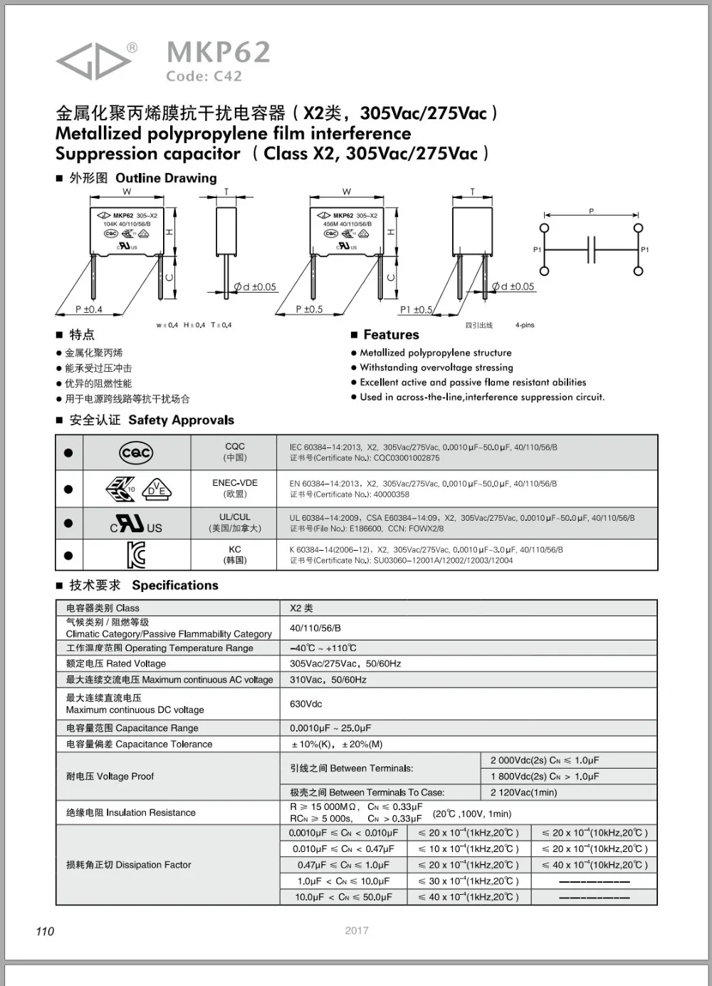 И MKP62 X2 474 275VAC 474 0,47 мкФ 275V P22MM Защитная Емкость