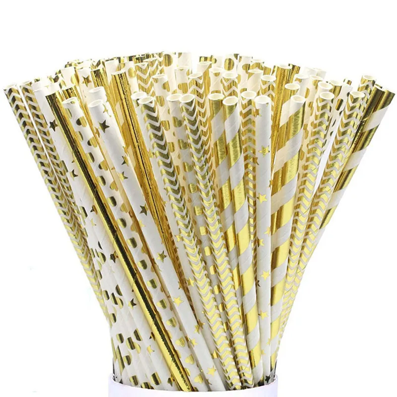 

25pcs / package gold foil drinking paper straws Drink milk tea disposable straws for birthday wedding decoration party activitie