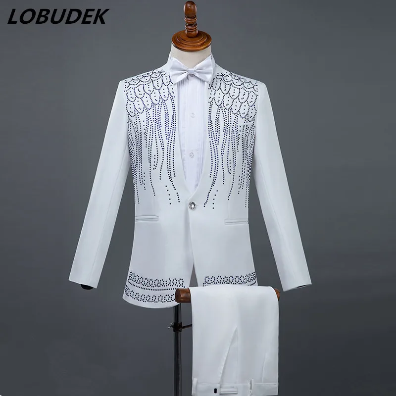 Black White Men's Suits Sparkly stones Fashion Slim Blazers jacket Formal stage outfit singer Host Master Wedding Costume