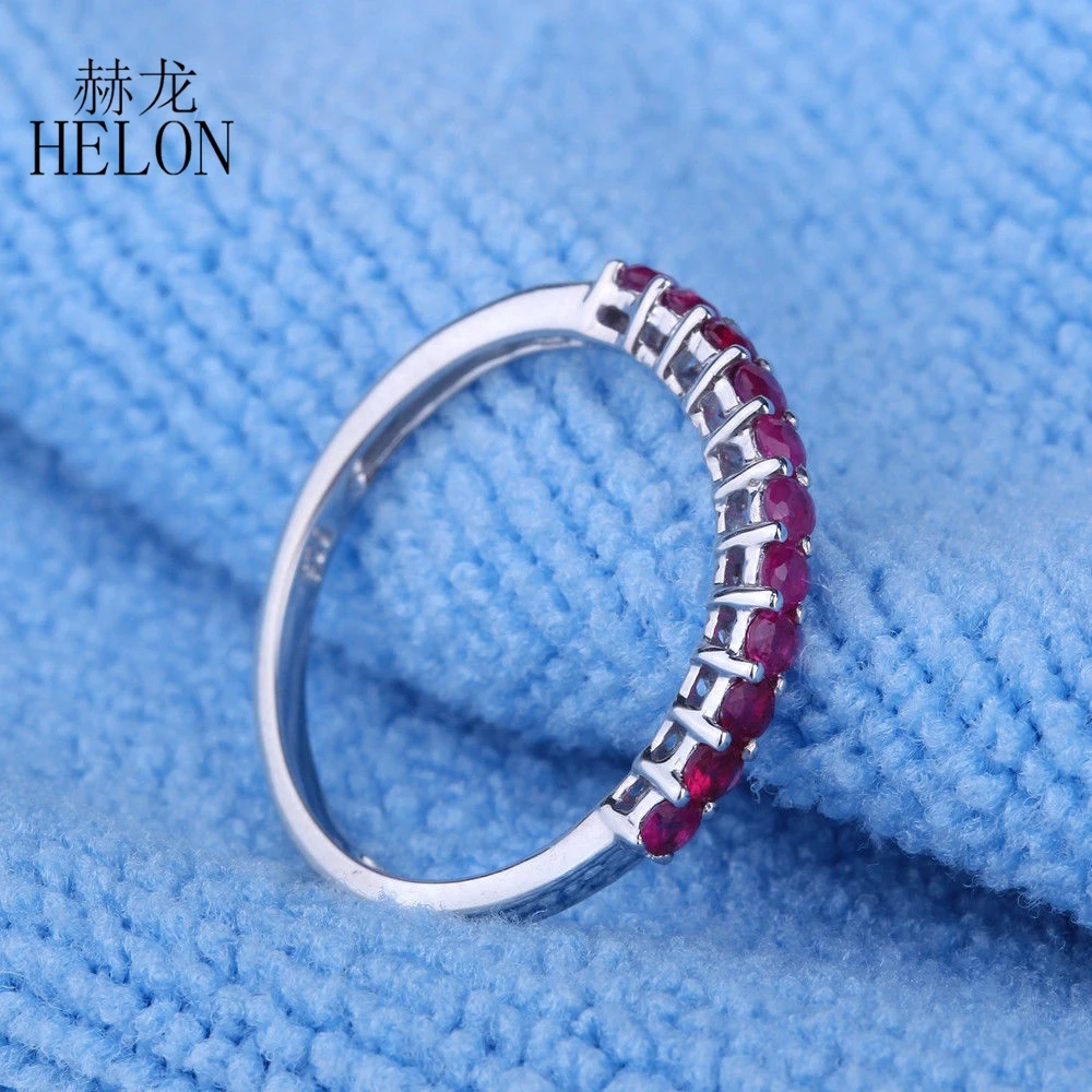 

HELON Solid 14K White Gold Half Eternal Band Round 0.4CT 100% Genuine Ruby Ring Women Brilliant Engagement Wedding Fine Jewelry