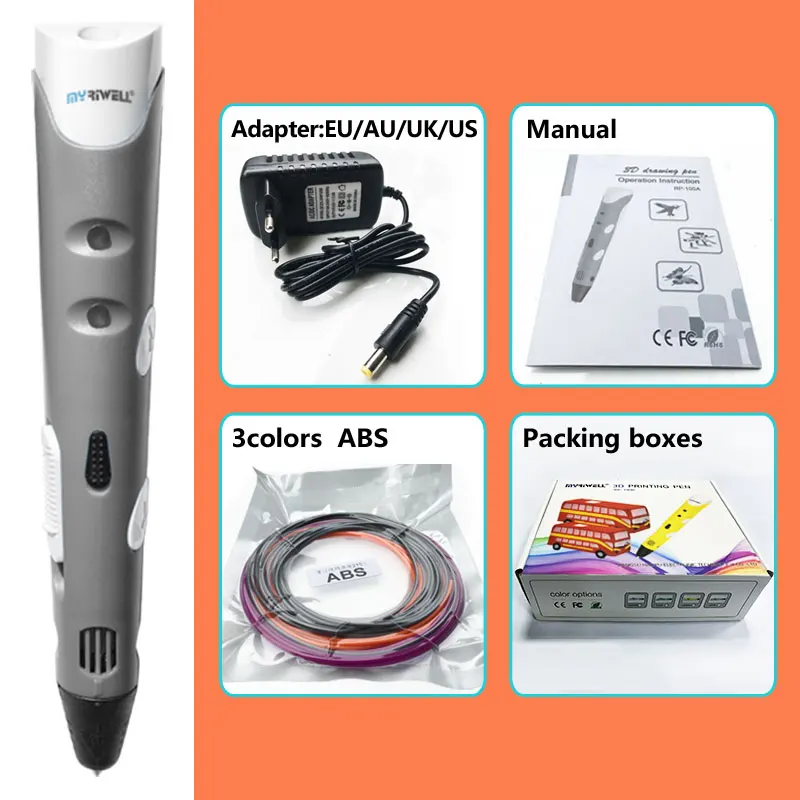 Gray pen Package 1 Myriwell 3d Ручка 3d ручки, 1,75 мм ABS/PLA нити, 3 d pen3d модели, Creative3d ручка doodler, лучший подарок для детей - Цвет: Gray pen Package 1