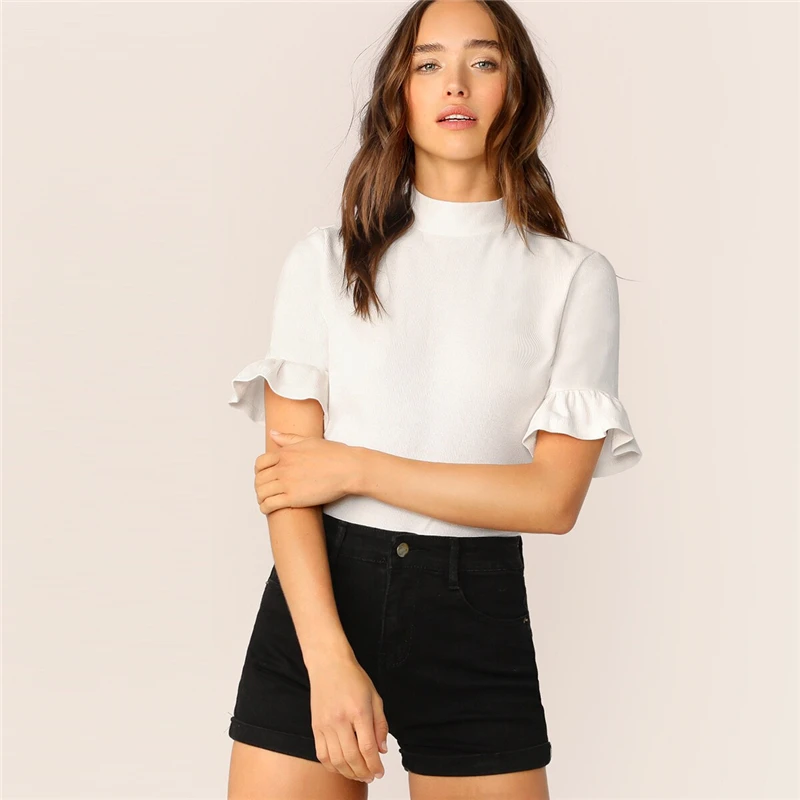 SHEIN модная футболка с воротником-стойкой и манжетами,, элегантная женская одежда, летняя футболка, топы с рукавами-стойкой