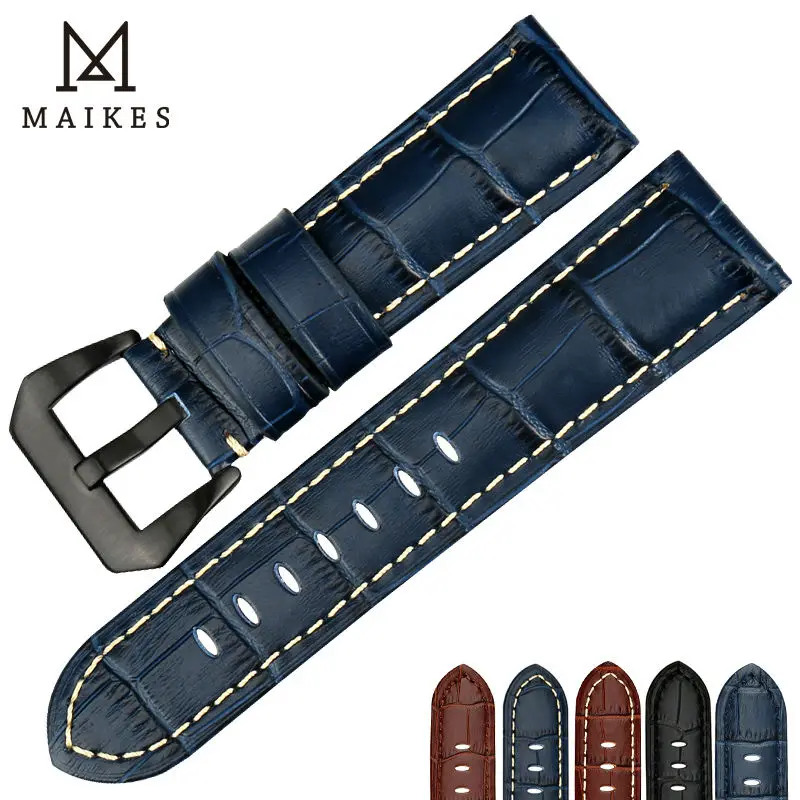 MAIKES 22 мм 24 мм 26 мм Ремешки для наручных часов синий ремешок из натуральной кожи Аксессуары для часов браслет из нержавеющей стали Пряжка