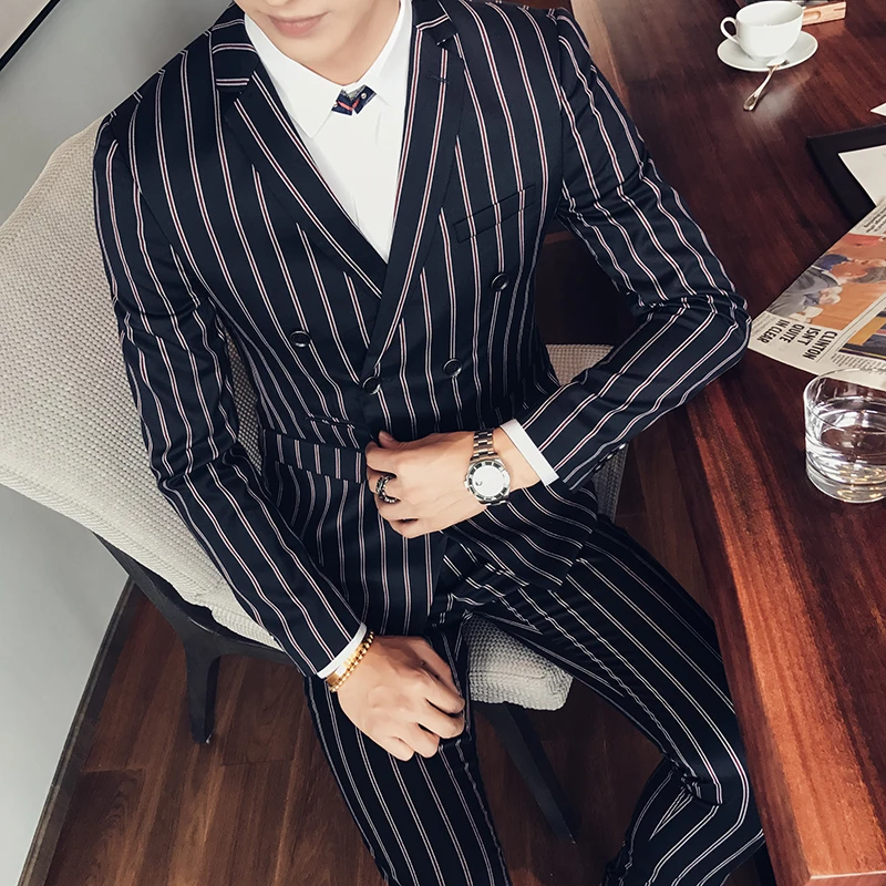2017 мужские костюмы в полоску костюм двойка двубортные Ternos Slim Fit Smoking Masculino для