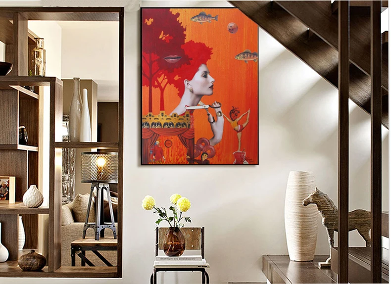 

abstract canvas painting mural prints posters modern picture surrealism picture cartoon picture portrait orange lady with fish