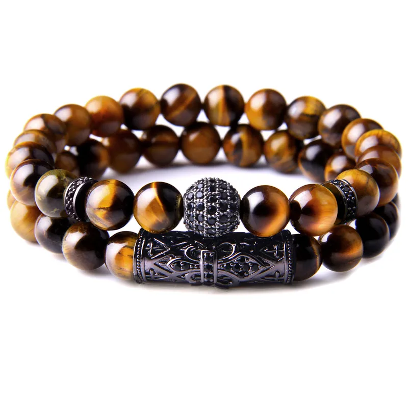 2pcs Men's Bracelet High Quality Natural Yellow Tiger Stone Micro Pave CZ Round Ball Charm Couple Jewelry | Украшения и