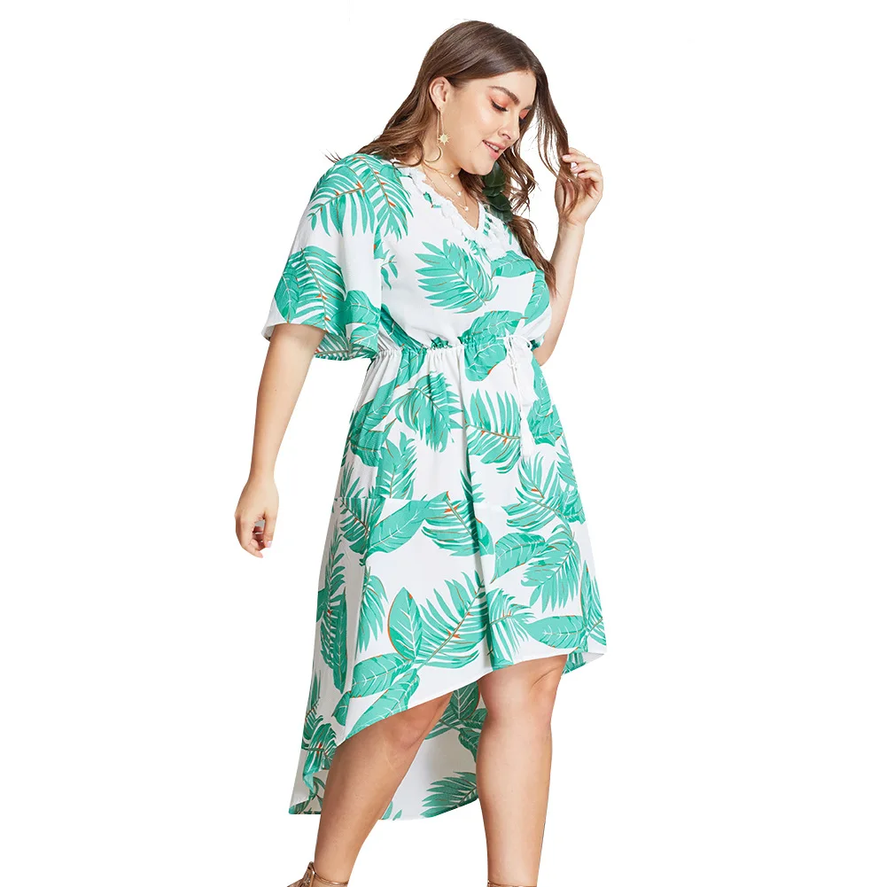 Элегантное женское платье большого размера с принтом в виде листьев летнее