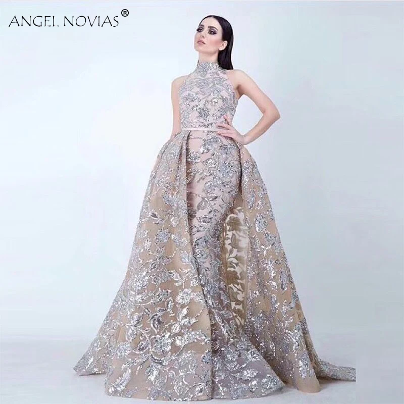 

ANGEL NOVIAS Long High Neck Glitter Saudi Arabic Women Evening Dresses 2020 With Detachable Skirt Avondjurken 2018 Custom Made