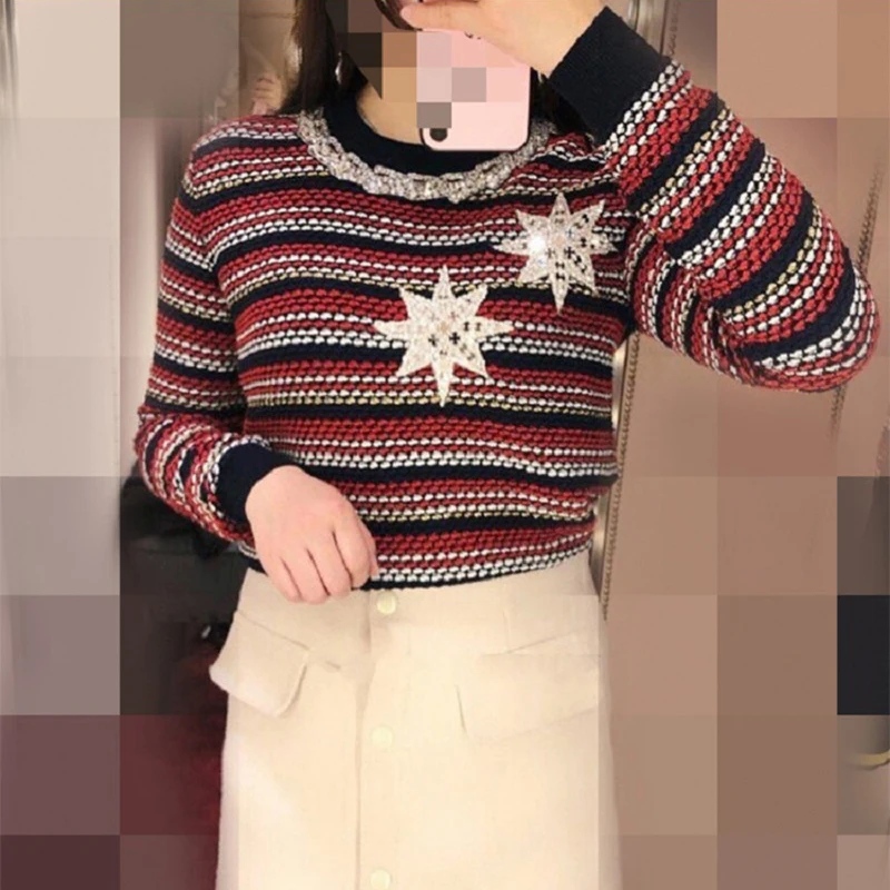 2018 Осень Зима Винтаж Женский вязаный свитер пуловер Звезда вышивка длинный рукав