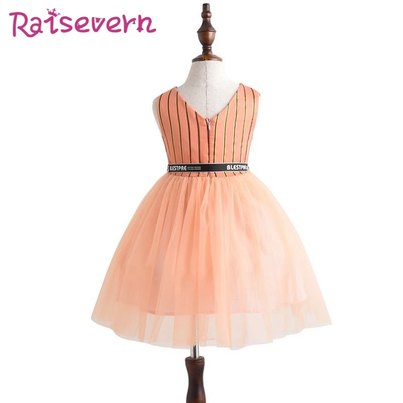 RAISEVERN Chocolate Color Gauze Girls Dress Princess V-Neck Ball Gown Sleeveless Stripe Top Bow for Party Birthday | Детская одежда и