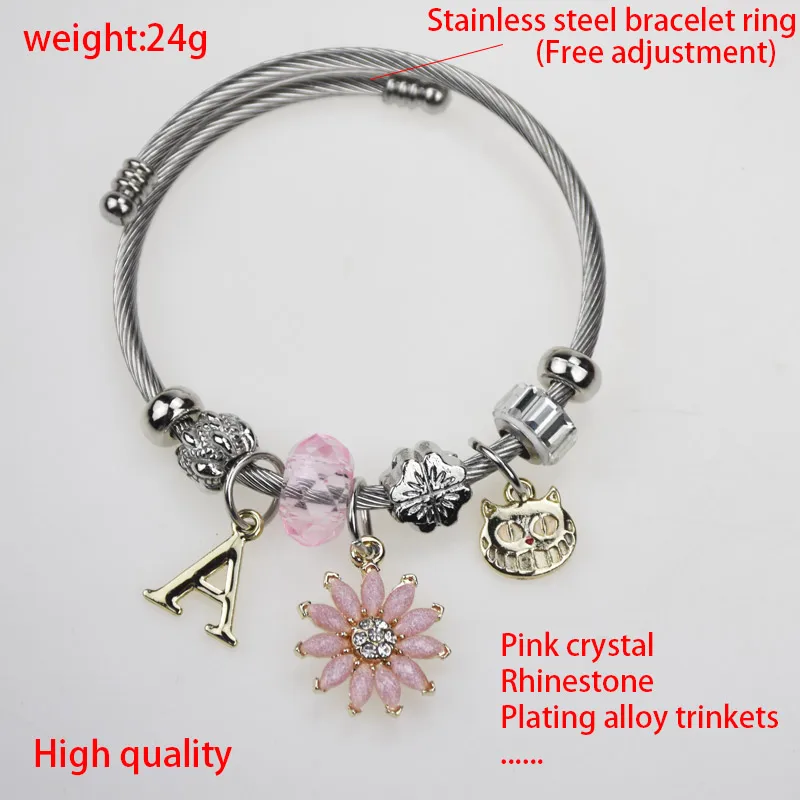 Trendy Pink Crystal Alloy Letter A Bracelets &amp Bangles Charm Flower Cat Pendant Stainless Steel Bracelet Fashion Jewelry Gift | Украшения