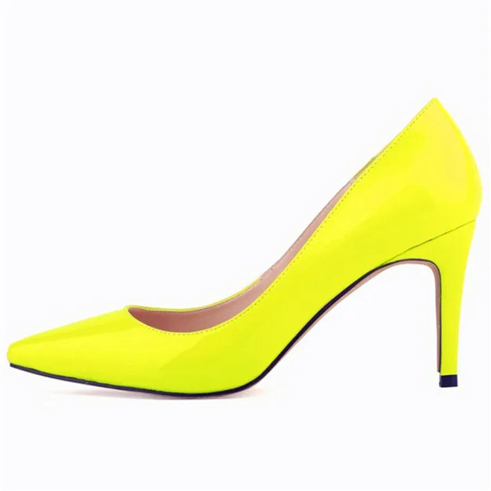 Light Yellow Новые модные женские туфли-лодочки на тонком каблуке однотонные офисные туфли из лакированной кожи выразительные женские туфли с острым носком на высоком каблуке 9 см - Цвет: Light Yellow