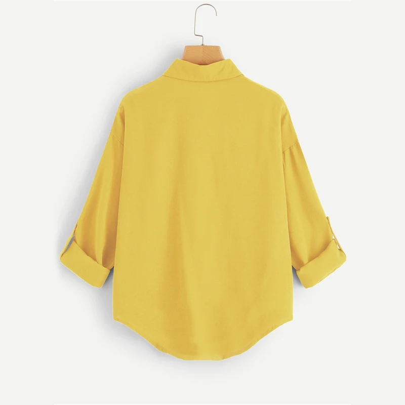 Dotfashion блуза с карманами и пуговицами, Женская Весенняя Повседневная рубашка с отворачивающимися рукавами, женские топы, модные новые блузки