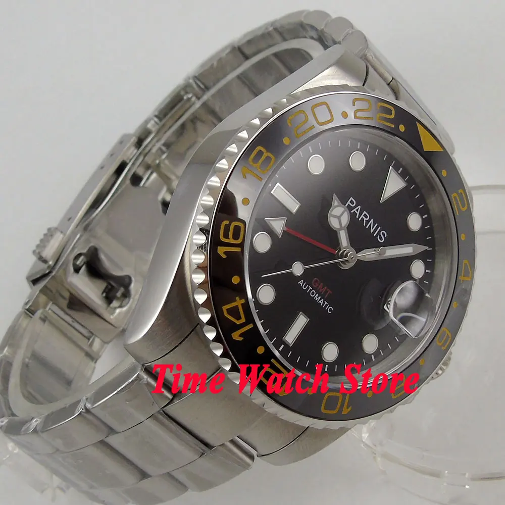 Мужские автоматические часы Parnis GMT 3804 40 мм черный циферблат сапфировое стекло