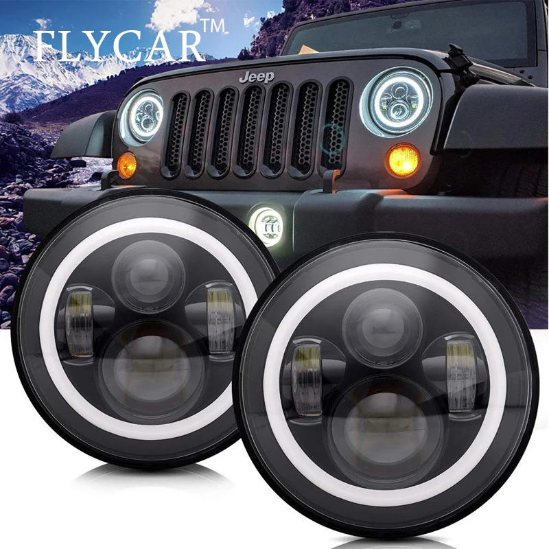 FLYCAR 7 дюймов круглые черные светодиодные фары с дальним и ближним светом белый DRL