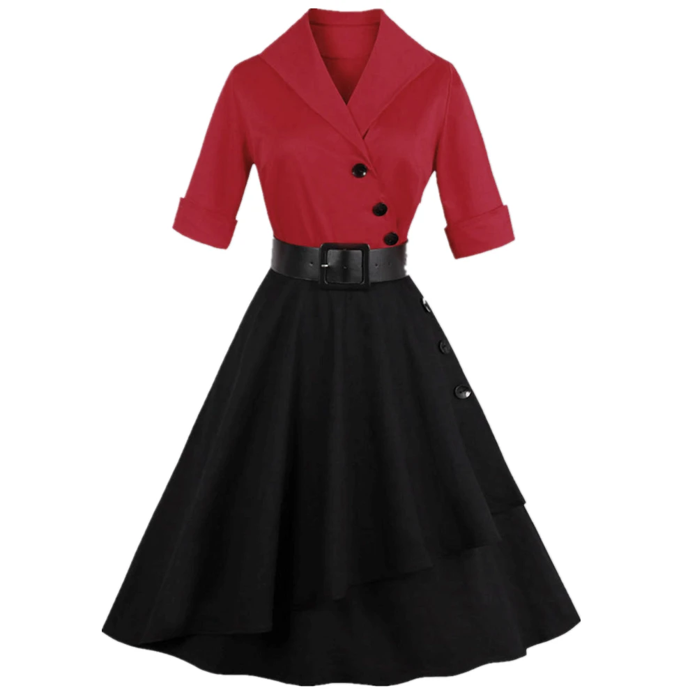 Плюс размер A Line женское винтажное платье с v образным вырезом и отворотами ремни