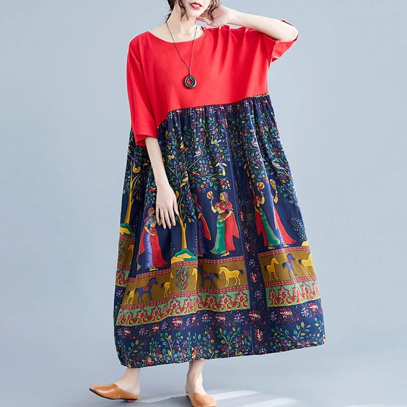 Женское длинное платье в стиле пэчворк повседневное свободное Хлопковое с