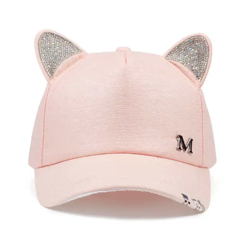 Розовый Новинка, Женская Бейсболка meow, лето-осень, черная, белая, розовая, кошачьи уши, кепка с кольцами и кружевами, милая шапка для девочки - Цвет: Розовый