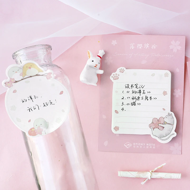 

30 Sheets Pink Sakura & Animals Memo Pads Plan Message Writing Sticky Notes Marker Stick Label 6 Styles