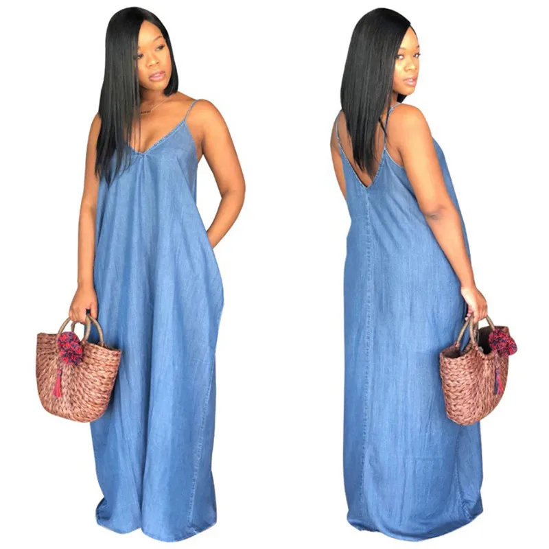 Женское пляжное платье без бретелек Длинное свободное джинсовое с v-образным