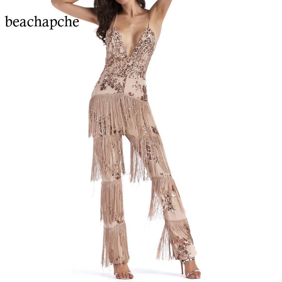 

2017 New Arrive Autumn jumpsuit white elegant print fashion long sleeve chic sexy tassel celebrity party special jumpsuits club